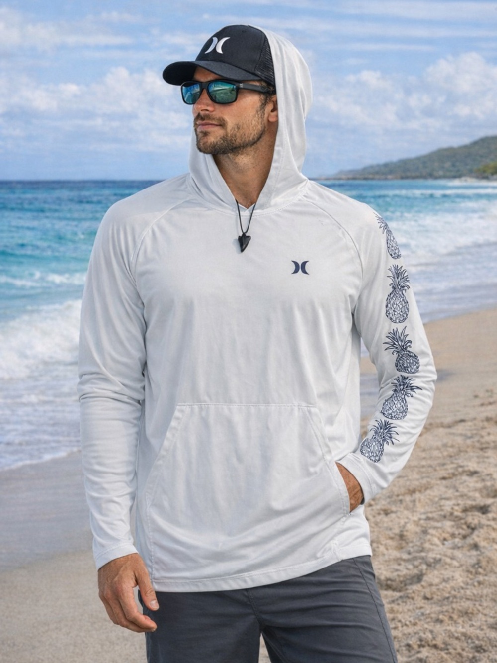 Hurley White Sun Hoodie L Lightweight UPF Beach Fishing Mens